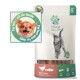Tierleckerliverpackung mit "Fellicita Felines Sticks" für Katzen, mit einem grünen Etikett, das "Perfekt für Hunde" besagt, und Bildern von Huhn und Lachs.