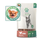 Tierleckerliverpackung mit "Fellicita Felines Sticks" für Katzen, mit einem grünen Etikett, das "Perfekt für Hunde" besagt, und Bildern von Huhn und Lachs.