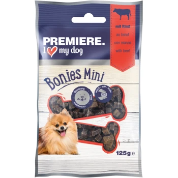 "Premiere I Love My Dog Bonies Mini" Hundeleckerlipaket (125 g) mit einem lächelnden Pomeranian und knochenförmigen Leckerlis, beschriftet auf Deutsch und Englisch.