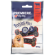 "Premiere I Love My Dog Bonies Mini" Hundeleckerlipaket (125 g) mit einem lächelnden Pomeranian und knochenförmigen Leckerlis, beschriftet auf Deutsch und Englisch.