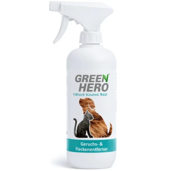 Weiße Sprühflasche "GREEN HERO" mit "Nature Knows Best", mit Silhouetten von Hund und Katze und "Geruchs- & Fleckenentferner."