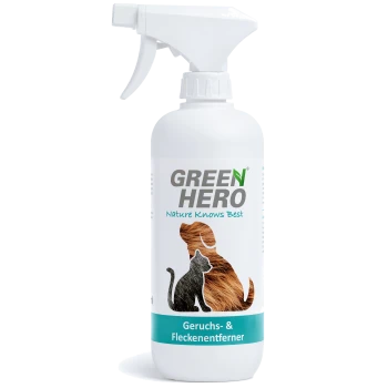 Weiße Sprühflasche "GREEN HERO" mit "Nature Knows Best", mit Silhouetten von Hund und Katze und "Geruchs- & Fleckenentferner."