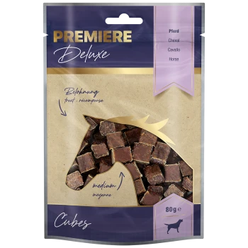 Friandises pour chevaux Premiere Deluxe dans un sac refermable de 80g, présentant des collations en forme de cube marron et un texte indiquant "treat" et "medium."
