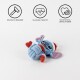 Blue plush dog toy with red accents and knotted rope, labeled resistant, healthy, and dental hygiene benefits.
