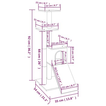Diagramm der Katzenbaumabmessungen, das eine Höhe von 92 cm (36,2”), eine Breite von 54 cm (21,3”) und verschiedene Plattformhöhen zeigt.