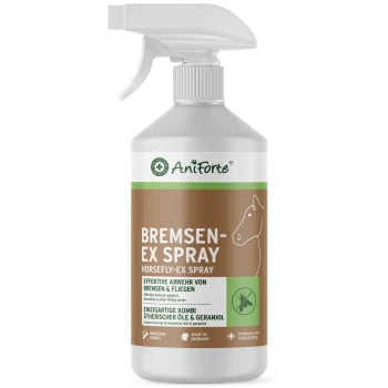 Eine Sprühflasche mit dem Etikett "AniForte Bremsen-Ex Spray" für Pferdefliegen- und Fliegenabwehr, mit einer Pferdegrafik und Text in Deutsch und Englisch.