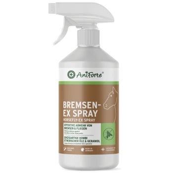 Eine Sprühflasche mit dem Etikett "AniForte Bremsen-Ex Spray" für Pferdefliegen- und Fliegenabwehr, mit einer Pferdegrafik und Text in Deutsch und Englisch.