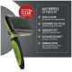 Grüne Haustierpflegebürste mit "Click & Clean"-Funktion, die sanfte Fellpflege und Massage fördert, mit Vorteilen auf Deutsch.