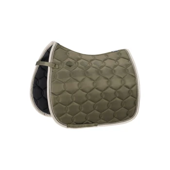 Olivgrünes, gestepptes Sattelpad mit schwarzer Unterseite und beigem Rand, mit einem Griff für eine einfache Befestigung.