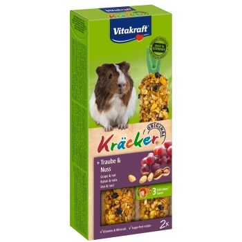 Vitakraft Kräcker pour petits animaux, avec une saveur de raisin et de noix. Contient deux bâtonnets avec des couches de graines et de fruits.