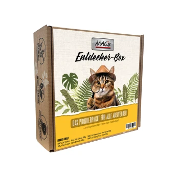 Schachtel MAC's Entdecker-Box Katzenfutter mit einer Katze mit Lupe und deutschem Text.