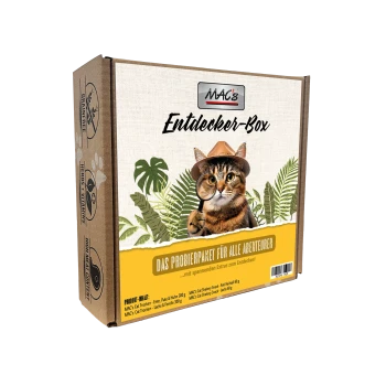 Schachtel MAC's Entdecker-Box Katzenfutter mit einer Katze mit Lupe und deutschem Text.