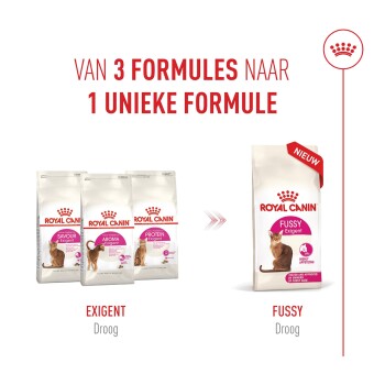 Royal Canin: drie Exigent droge zakken samengevoegd tot één Fussy Exigent droge zak; tekst 'Van 3 formules naar 1 unieke formule'.