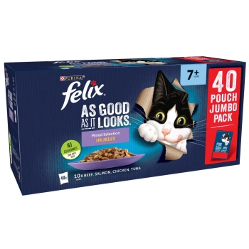 Felix cat food box with a playful cat peeking through a hole, labeled "As Good As It Looks" and "40 Pouch Jumbo Pack."