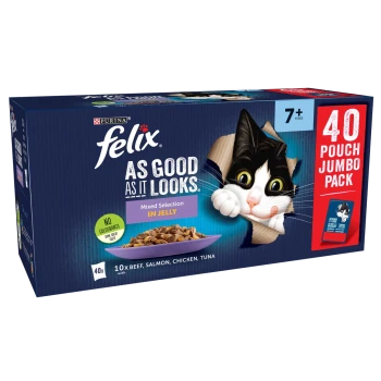 Felix cat food box with a playful cat peeking through a hole, labeled "As Good As It Looks" and "40 Pouch Jumbo Pack."