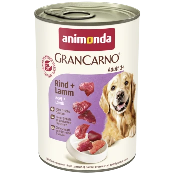 Dose Animonda GranCarno Adult 1+ Hundefutter mit Rind und Lamm, zeigt Fleischstücke und einen glücklichen Golden Retriever.