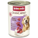 Dose Animonda GranCarno Adult 1+ Hundefutter mit Rind und Lamm, zeigt Fleischstücke und einen glücklichen Golden Retriever.