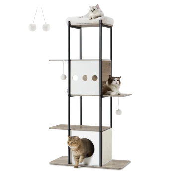 Ein moderner Katzenbaum mit drei Ebenen, mit einer flauschigen oberen Plattform, zwei Katzen, die auf den Regalen entspannen, und einer Katze, die aus einer runden Öffnung herauskommt.