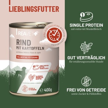 Hundefutterdose mit der Aufschrift "Rind mit Kartoffeln" und den Aussagen: "einzelnes Protein", "gute Verträglichkeit" und "getreidefrei."