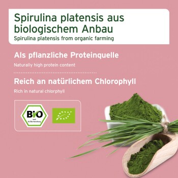 Etikett mit der Aufschrift 'Spirulina platensis aus biologischem Anbau' mit BIO-Logo sowie Schüssel und Holzlöffel mit grünem Spirulina-Pulver.