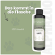 Flasche Alphazoo 100% kaltgepresstes Hanföl für Haustiere mit deutschem Text „Das kommt in die Flasche“ und Pfotenabdruck-Hintergrund.