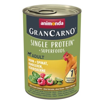 Animonda GranCarno Single Protein Superfoods 6x400g Huhn & Spinat, Himbeeren, Kürbiskerne