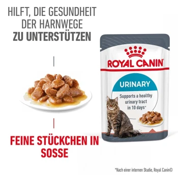 Care Urinary in Soße 12x85 g Royal Canin Urinary Katzenfutterbeutel mit einem Teller mit Nassfutter, der Text über die Unterstützung der Harnwegsgesundheit in 10 Tagen enthält.