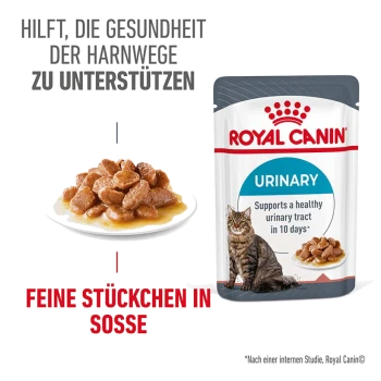 Royal Canin Urinary Katzenfutterbeutel mit einem Teller mit Nassfutter, der Text über die Unterstützung der Harnwegsgesundheit in 10 Tagen enthält.