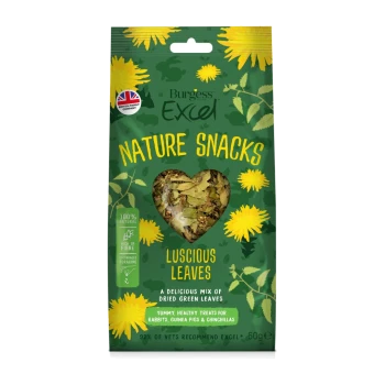 Burgess Excel Nature Snacks packaging with a heart-shaped window showing dried leaves, labeled "100% natural" and "high in fibre."