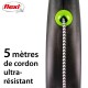Laisse rétractable pour chien Flexi avec 5 mètres de cordon ultra-résistant, avec une poignée noire et un bouton de libération vert.