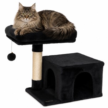 Schwarzer Katzenbaum mit einer plüschigen oberen Liegefläche, einem mit Sisal umwickelten Kratzbaum und einem gemütlichen Versteck.