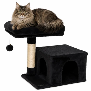 Schwarzer Katzenbaum mit einer plüschigen oberen Liegefläche, einem mit Sisal umwickelten Kratzbaum und einem gemütlichen Versteck.