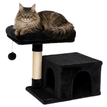 Schwarzer Katzenbaum mit einer plüschigen oberen Liegefläche, einem mit Sisal umwickelten Kratzbaum und einem gemütlichen Versteck.
