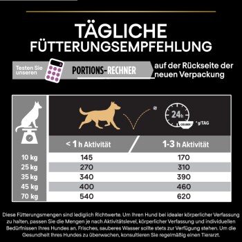 Tägliche Fütterungsempfehlung für Hunde mit Aktivitätslevel und Gewicht, zeigt Futtermenge in Gramm pro Tag für verschiedene Gewichte.