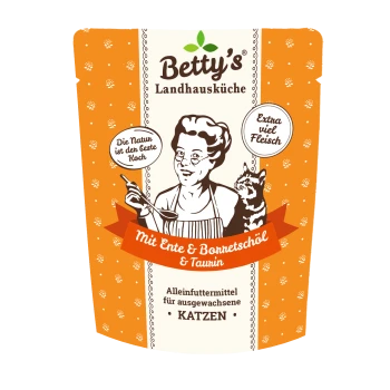 Oranger Beutel Betty's Landhausküche Katzenfutter — Mit Ente & Borretschöl & Taurin; Alleinfuttermittel für KATZEN