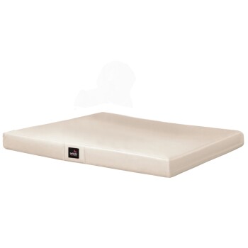 Ein beiges Haustierbett mit glatter Oberfläche und einem schwarzen Logoetikett an der Seite, entworfen für Hunde oder Katzen.