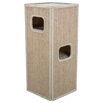 Ein hoher, beiger Katzenbaum mit zwei quadratischen Öffnungen an den Seiten, aus gewebtem Stoff, der einen gemütlichen Rückzugsort für Haustiere bietet.