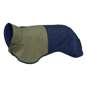 Ein Hundemantel mit einem zweifarbigen Design in olivgrün und marineblau, mit hohem Kragen und einer Seitentasche.