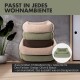 Ein Stapel von drei plüschigen Hundebetten in beige, oliv und braun, mit einem kleinen runden Bild eines grünen Bettes. Text hebt Größen und Farben hervor.