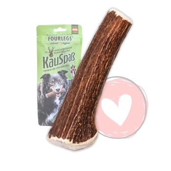 Geweih-Kauspielzeug für Hunde mit grüner FOURLEGS-Verpackung, beschriftet „KauSpaß“, mit Hundeabbild und rosa Herzgrafik