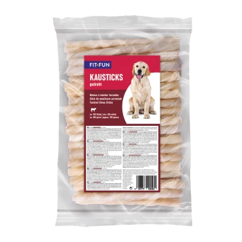 Clear bag of FIT+FUN KAUSTICKS twisted dog chew sticks, label shows a golden retriever and text 'KAUSTICKS gedreht'