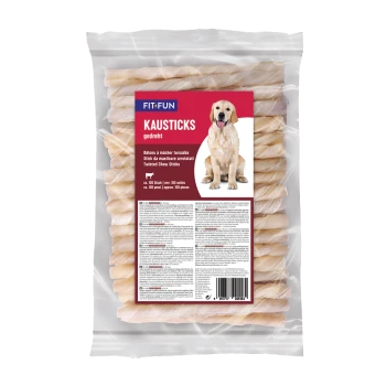 Clear bag of FIT+FUN KAUSTICKS twisted dog chew sticks, label shows a golden retriever and text 'KAUSTICKS gedreht'