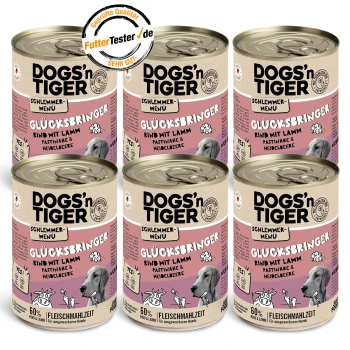 Glücksbringer Rind & Lamm 6x400 g Sechs Dosen DOGS'n TIGER Hundefutter mit der Aufschrift "Glücksbringer", das Rindfleisch mit Pastinake und Heidelbeeren enthält, gekennzeichnet mit einem Qualitätssiegel.