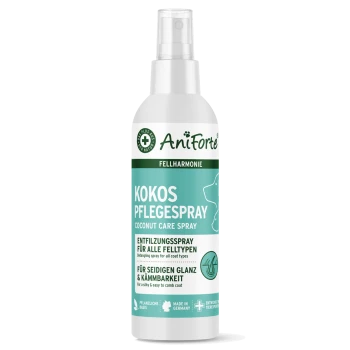 Kokosnuss-Pflegespray von AniForte, auf Deutsch beschriftet, geeignet für alle Felltypen, fördert Glanz und einfaches Kämmen.