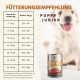 Fütterungsempfehlungen für Welpen, die tägliche Gramm basierend auf dem Gewicht des Hundes zeigen, mit einer Dose Wildfang Rind Pur im Vordergrund.