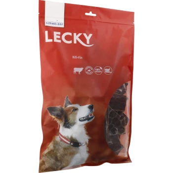 Rifi fin 400 g Rote Verpackung von Lecky Rifi-Fin Hundeleckerlis mit einem glücklichen Hund auf der Vorderseite, beschriftet mit "100% Natürlich" und "Premium Qualität."