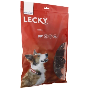 Rote Verpackung von Lecky Rifi-Fin Hundeleckerlis mit einem glücklichen Hund auf der Vorderseite, beschriftet mit "100% Natürlich" und "Premium Qualität."
