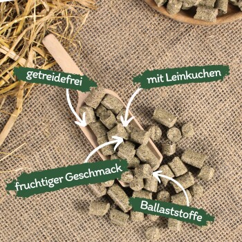 Holzlöffel mit Tierfutterpellets auf Jute, beschriftet mit "getreidefrei", "mit Leinsamenkuchen", "fruchtiger Geschmack" und "Ballaststoffe".