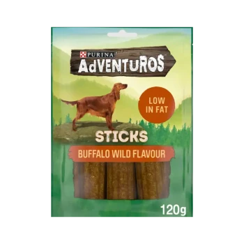 Purina Adventuros dog treats, Buffalo Wild flavour, low in fat, 120g package with a golden retriever silhouette on a forest background.