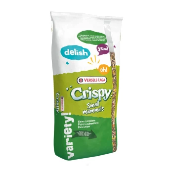 Eine Tüte Versele-Laga Crispy-Futter für kleine Säugetiere, mit leuchtenden Farben und verspieltem Text wie 'lecker' und 'yum!'